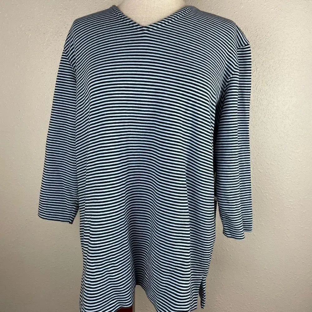 NWT JoSEPHINE CHAUS Sport Stripped Black and Sky Blue 3/4 Sleeve Top Size M